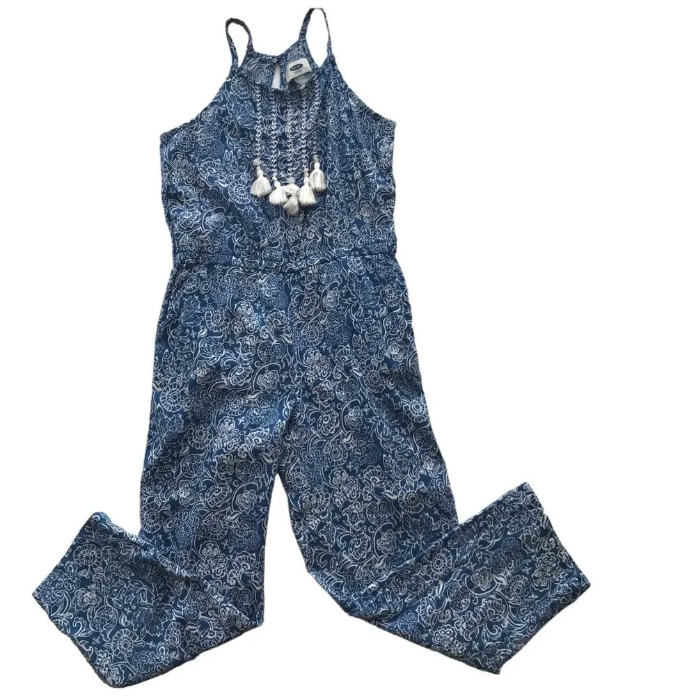 Old Navy Jumpsuit Printed Sleeveless Tassels Pockets Lightweight Girl Size M 8